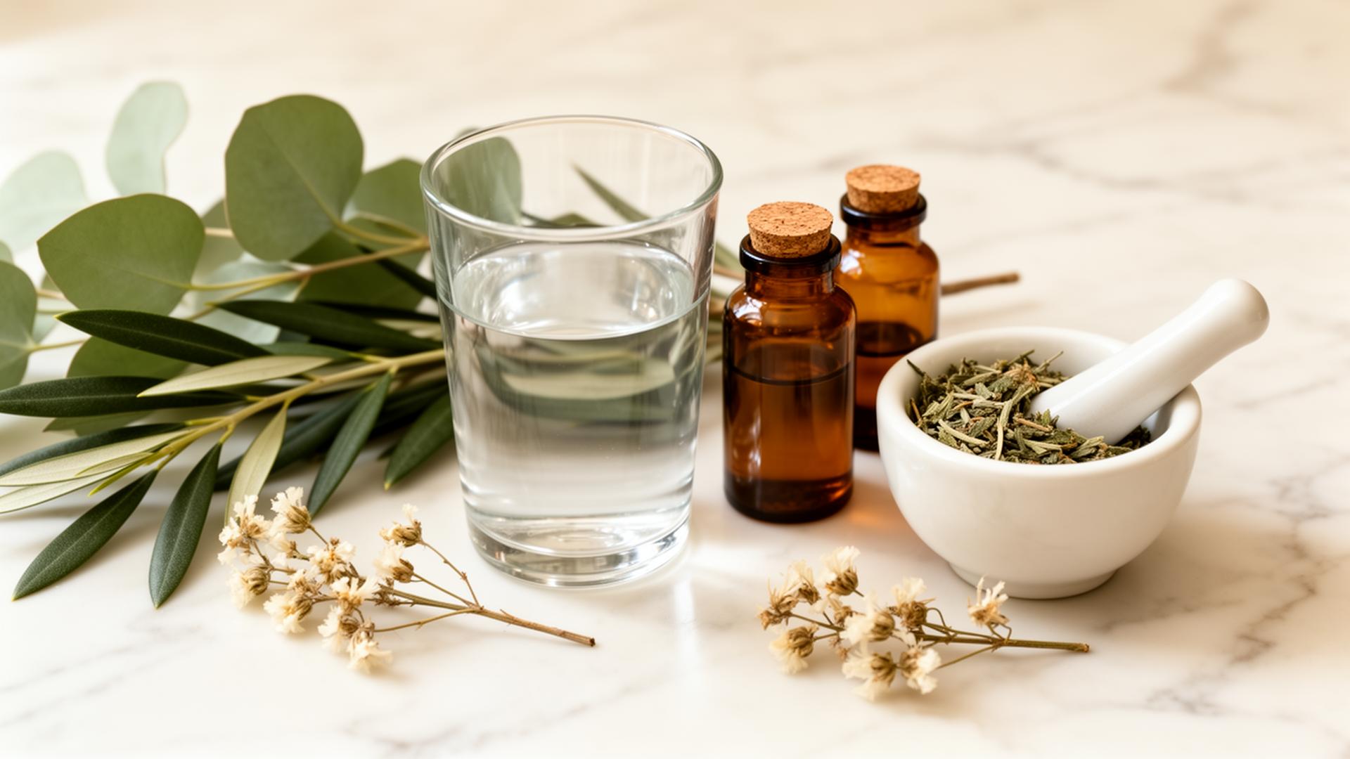 Composition naturelle évoquant l'équilibre du microbiote — ferments, plantes et nature